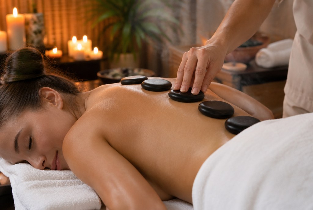 Massagem com pedras quentes de basalto nas costas