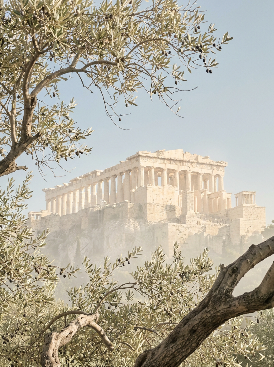 Parthenon na Acrópole entre ramos de oliveira