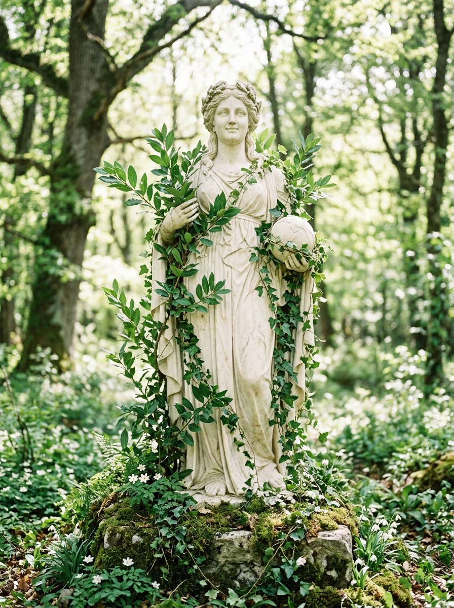 Estátua da deusa Gaia abraçada por folhas de louro