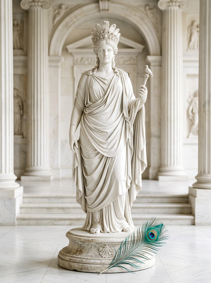Estátua majestosa de Hera com coroa e pena de pavão